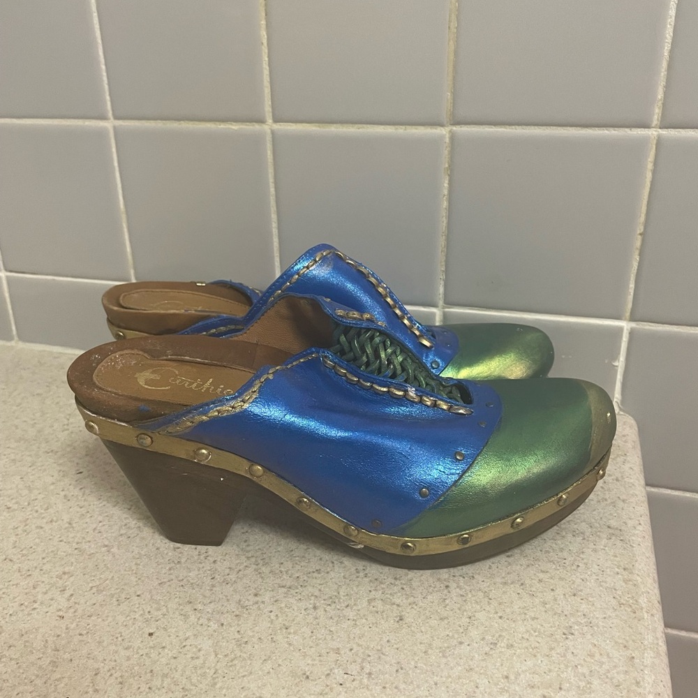 Cathy Jean Blue and Green Mules with Metallic Finish